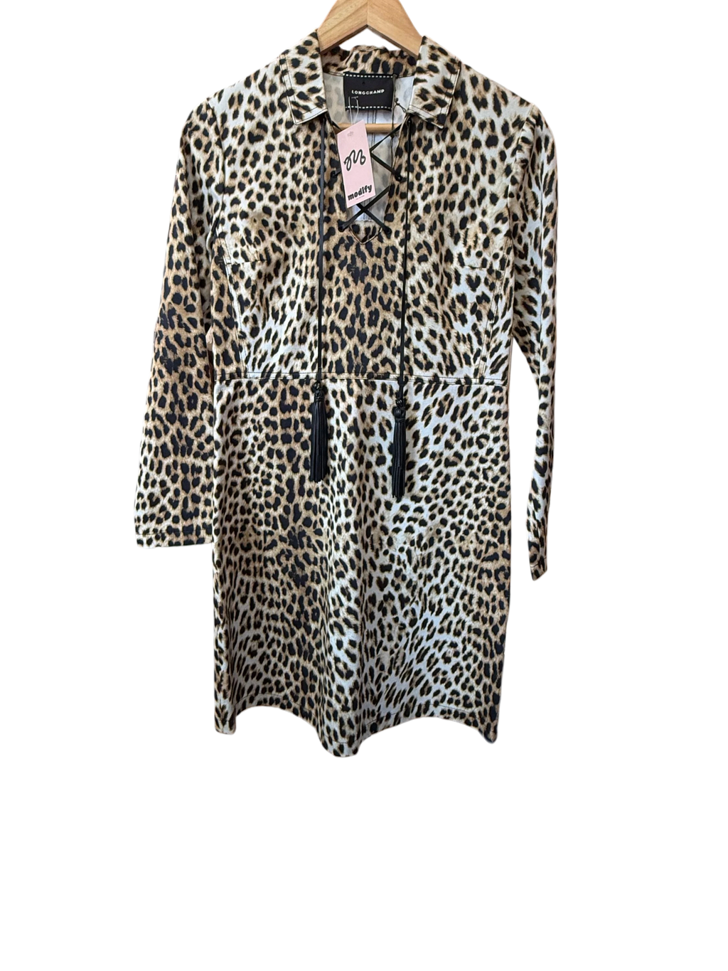 Longchamp Leopard Print Lace-Up Tassel Mini Dress
