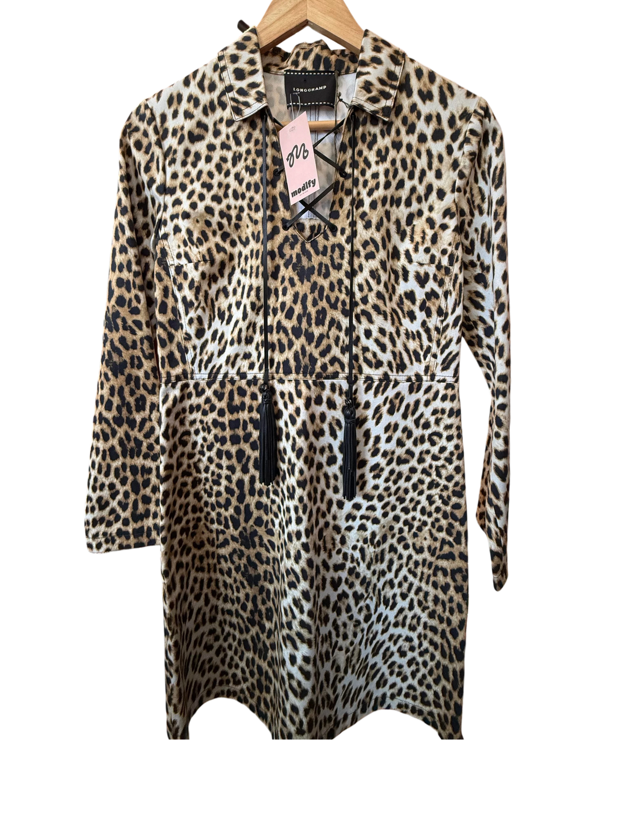 Longchamp Leopard Print Lace-Up Tassel Mini Dress