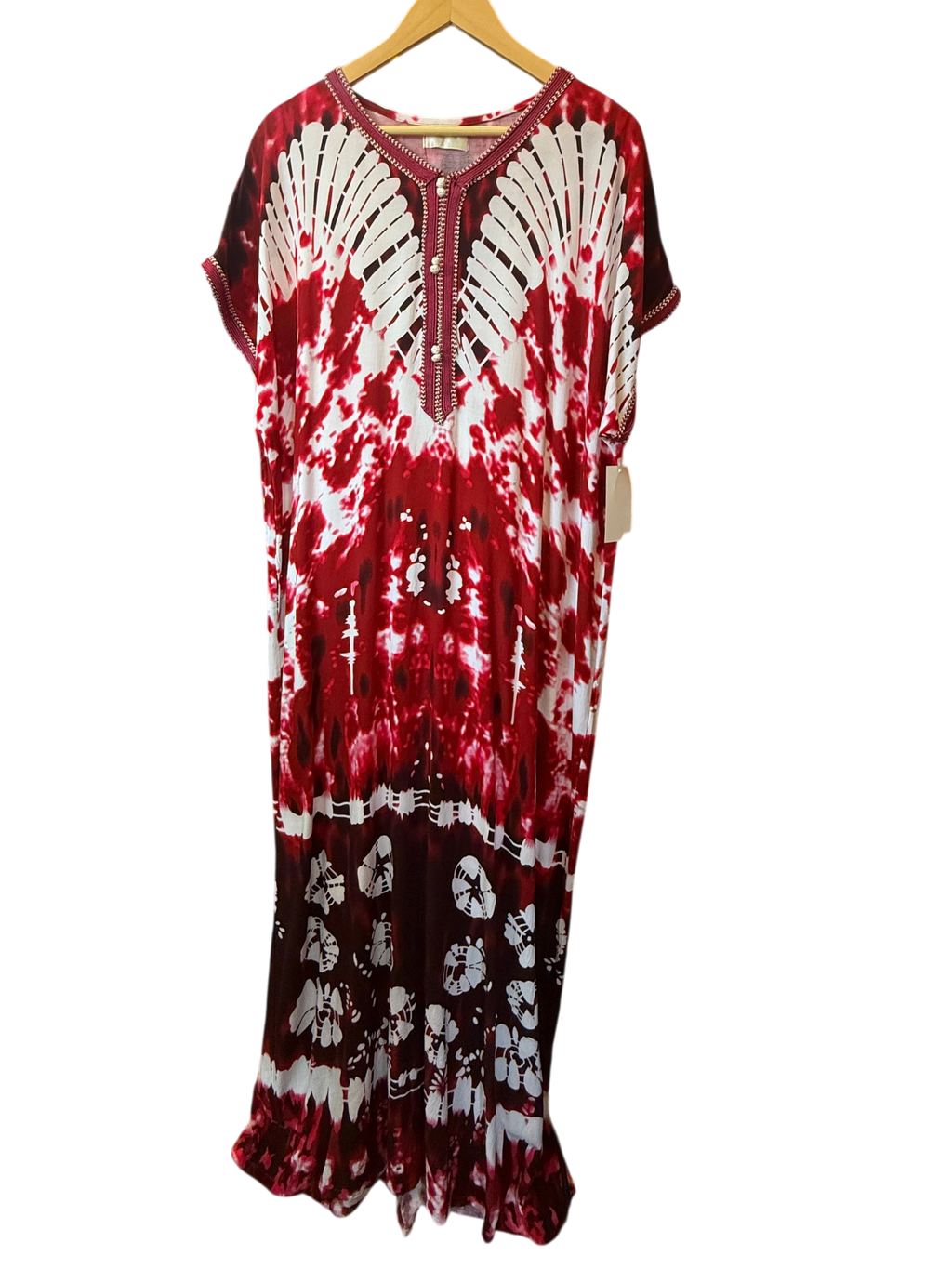 Red & White Tie-Dye Embroidered Moroccan Kaftan Maxi Dress