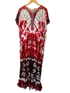 Red & White Tie-Dye Embroidered Moroccan Kaftan Maxi Dress
