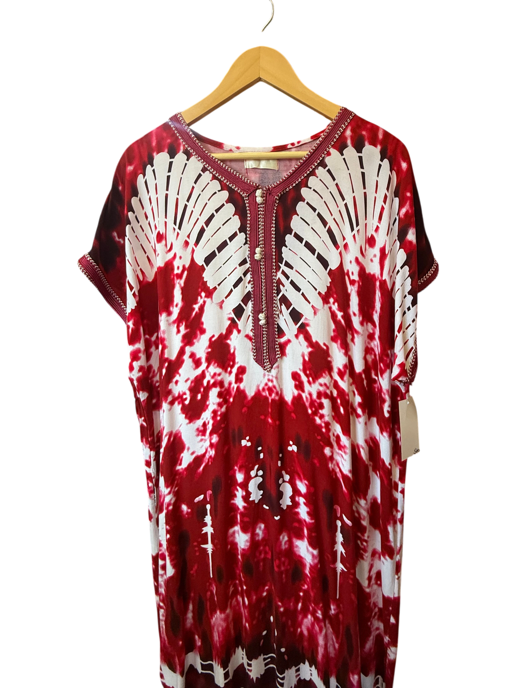 Red & White Tie-Dye Embroidered Moroccan Kaftan Maxi Dress