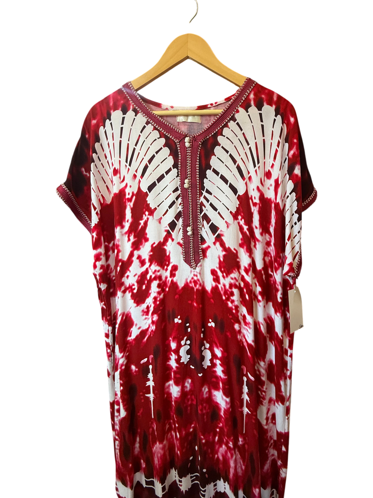 Red & White Tie-Dye Embroidered Moroccan Kaftan Maxi Dress
