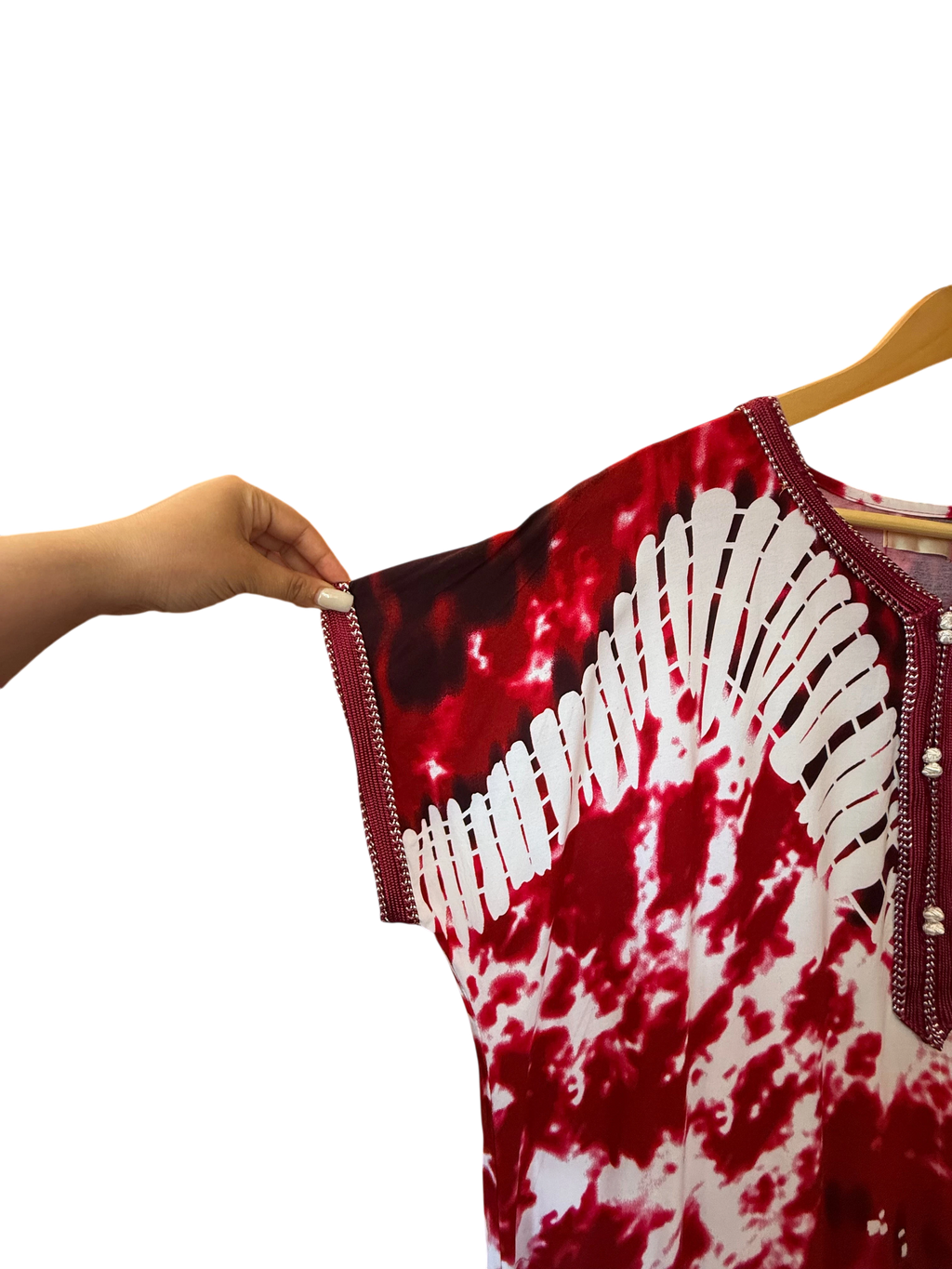 Red & White Tie-Dye Embroidered Moroccan Kaftan Maxi Dress