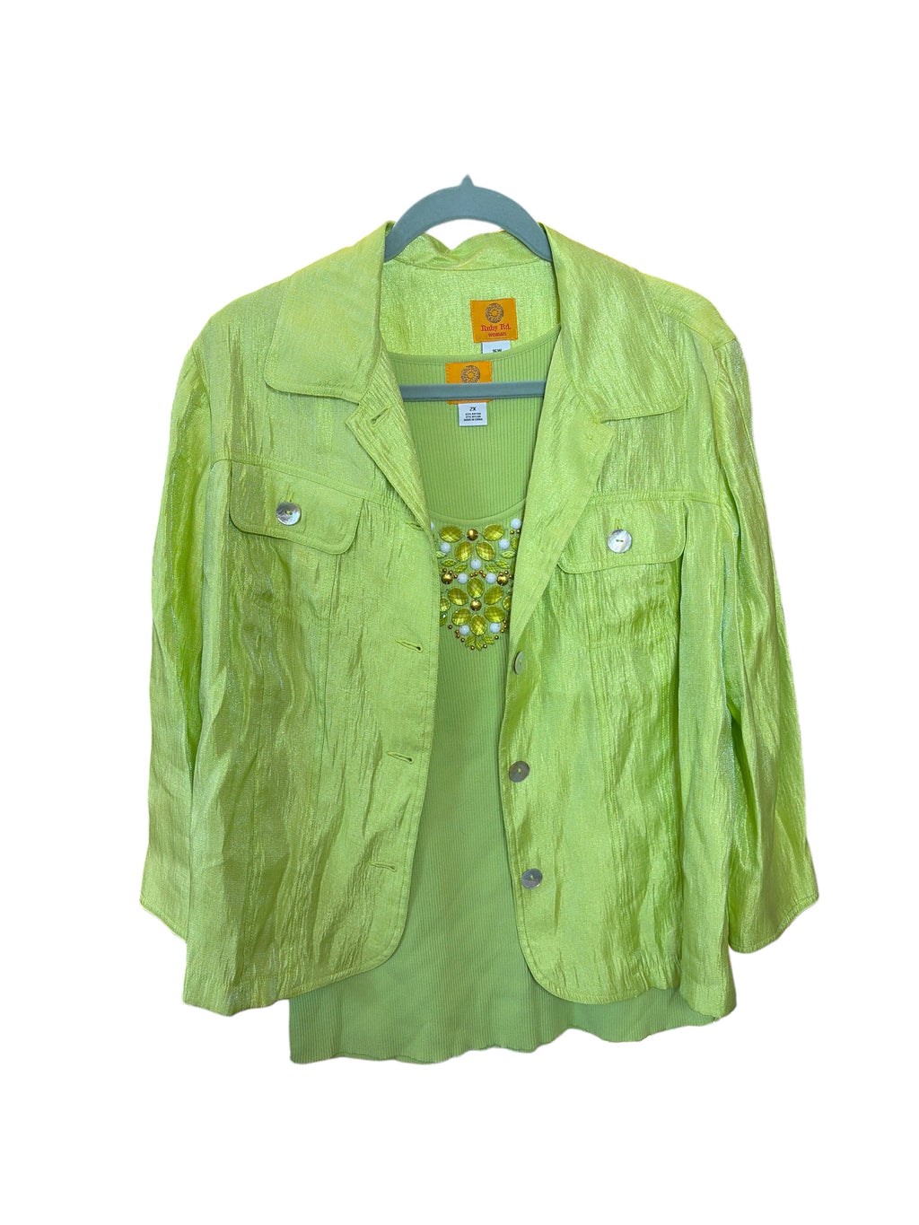 Ruby Rd. Lime Green Shimmer Jacket & Embellished Ribbed Tank Top Two-Piece Twin Set