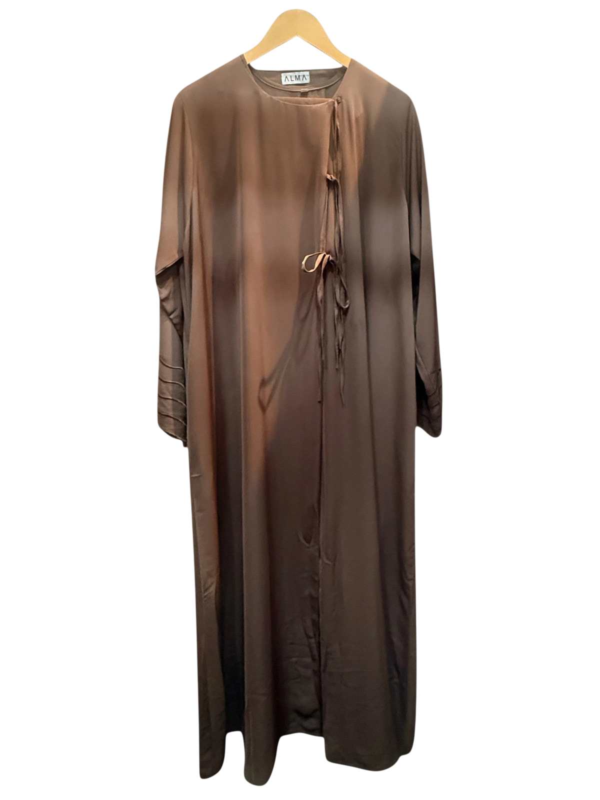 Modify Thrift ALMA mauve-brown satin longline abaya dress with side-tie fastening and pintuck cuffs