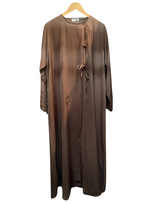 Modify Thrift ALMA mauve-brown satin longline abaya dress with side-tie fastening and pintuck cuffs