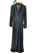 Modify Thrift black maxi dress with a plunging V-neck, high stand collar, gathered bodice, and flared bell sleeves.