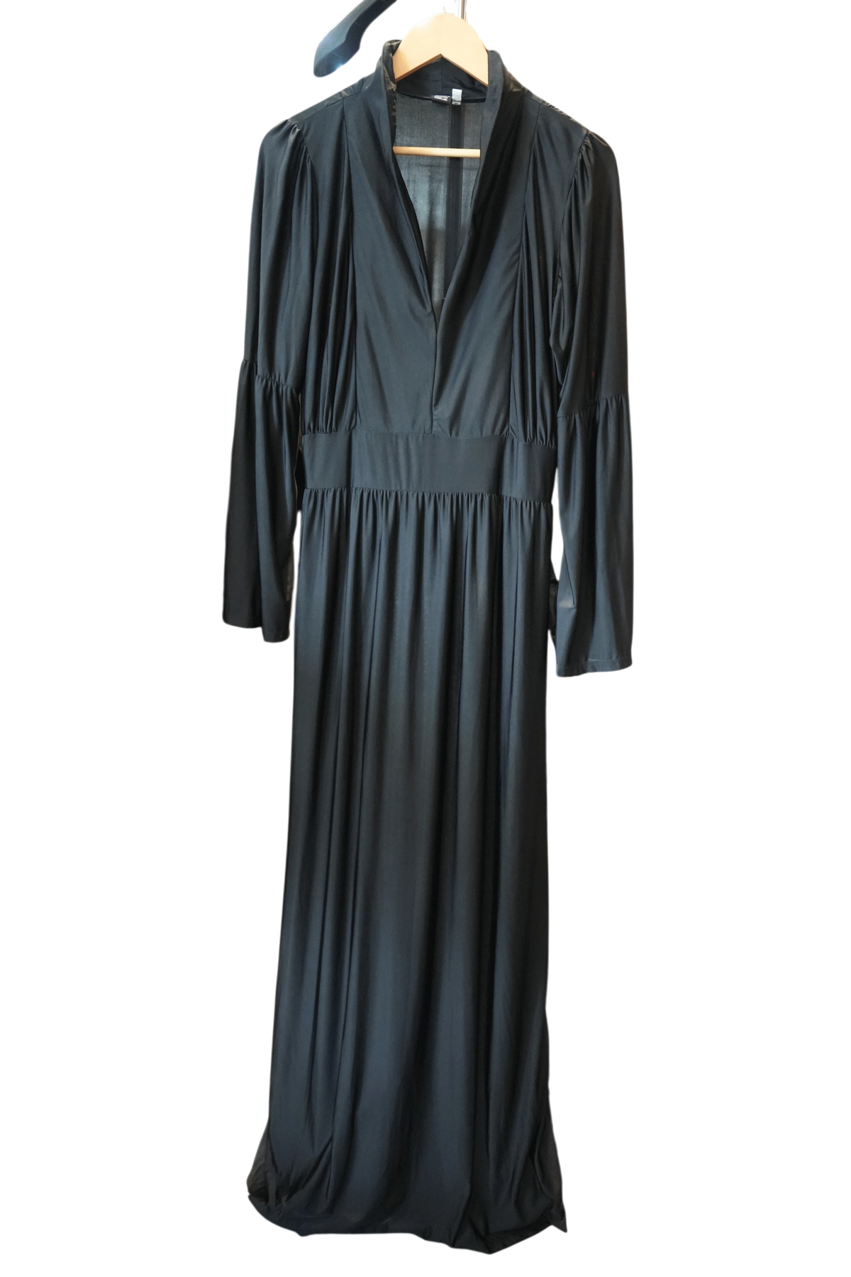 Modify Thrift black maxi dress with a plunging V-neck, high stand collar, gathered bodice, and flared bell sleeves.