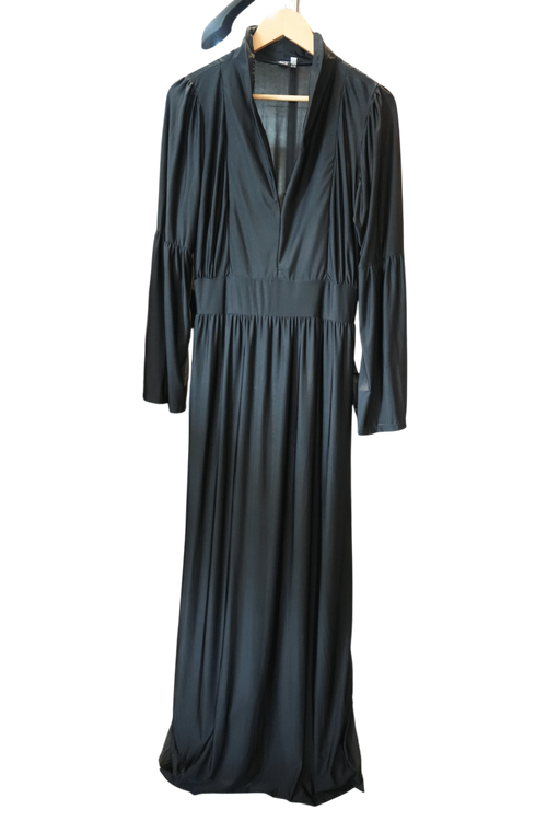 Modify Thrift black maxi dress with a plunging V-neck, high stand collar, gathered bodice, and flared bell sleeves.