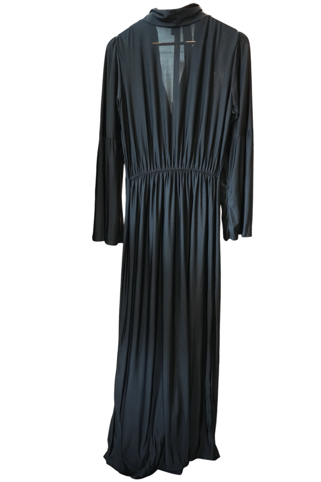 Modify Thrift black maxi dress with a high-stand collar, deep V-neck, gathered bodice, and flared bell sleeves.