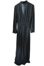 Modify Thrift black maxi dress with a high-stand collar, deep V-neck, gathered bodice, and flared bell sleeves.