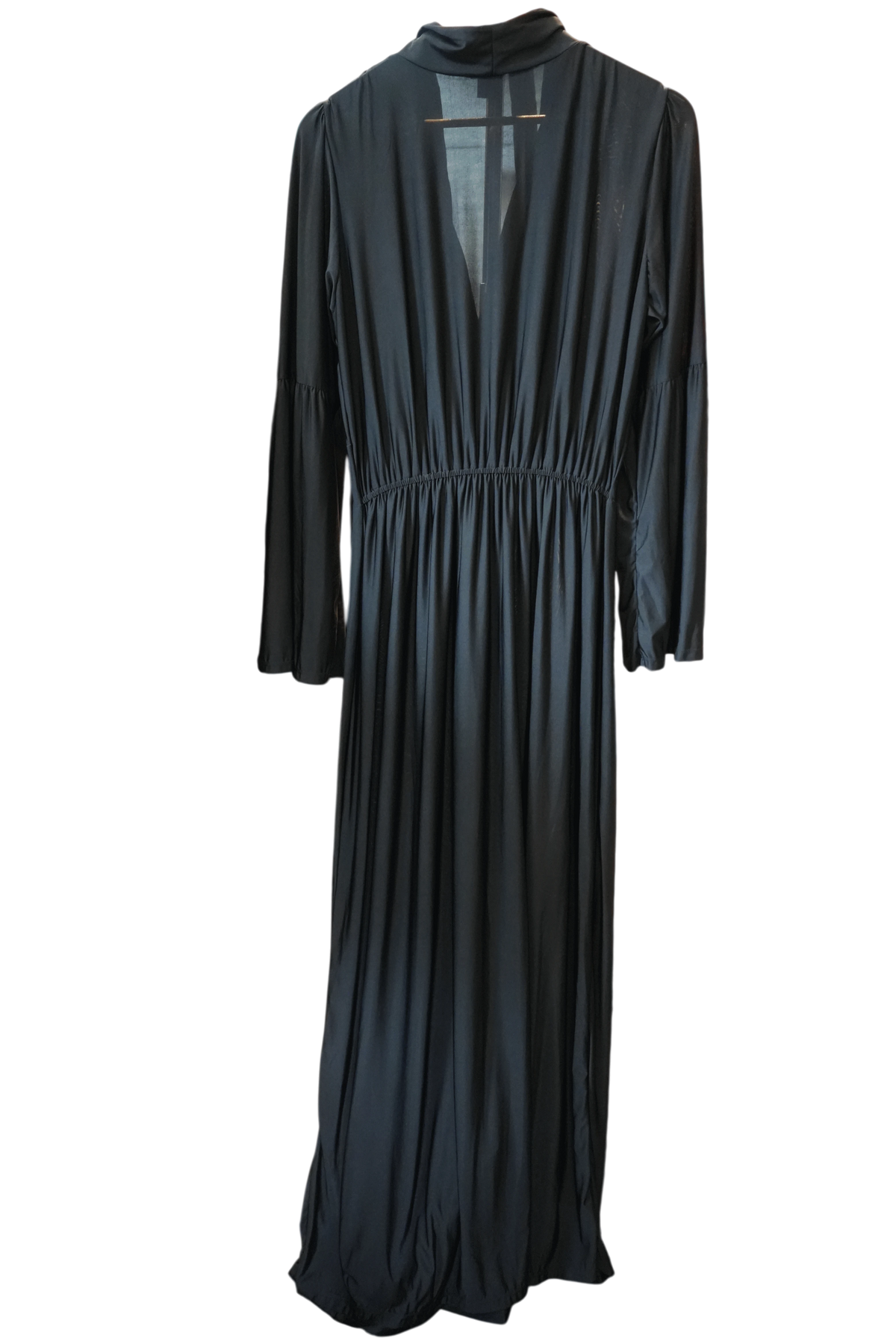 Modify Thrift black maxi dress with a high-stand collar, deep V-neck, gathered bodice, and flared bell sleeves.