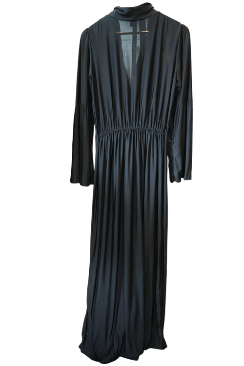 Modify Thrift black maxi dress with a high-stand collar, deep V-neck, gathered bodice, and flared bell sleeves.