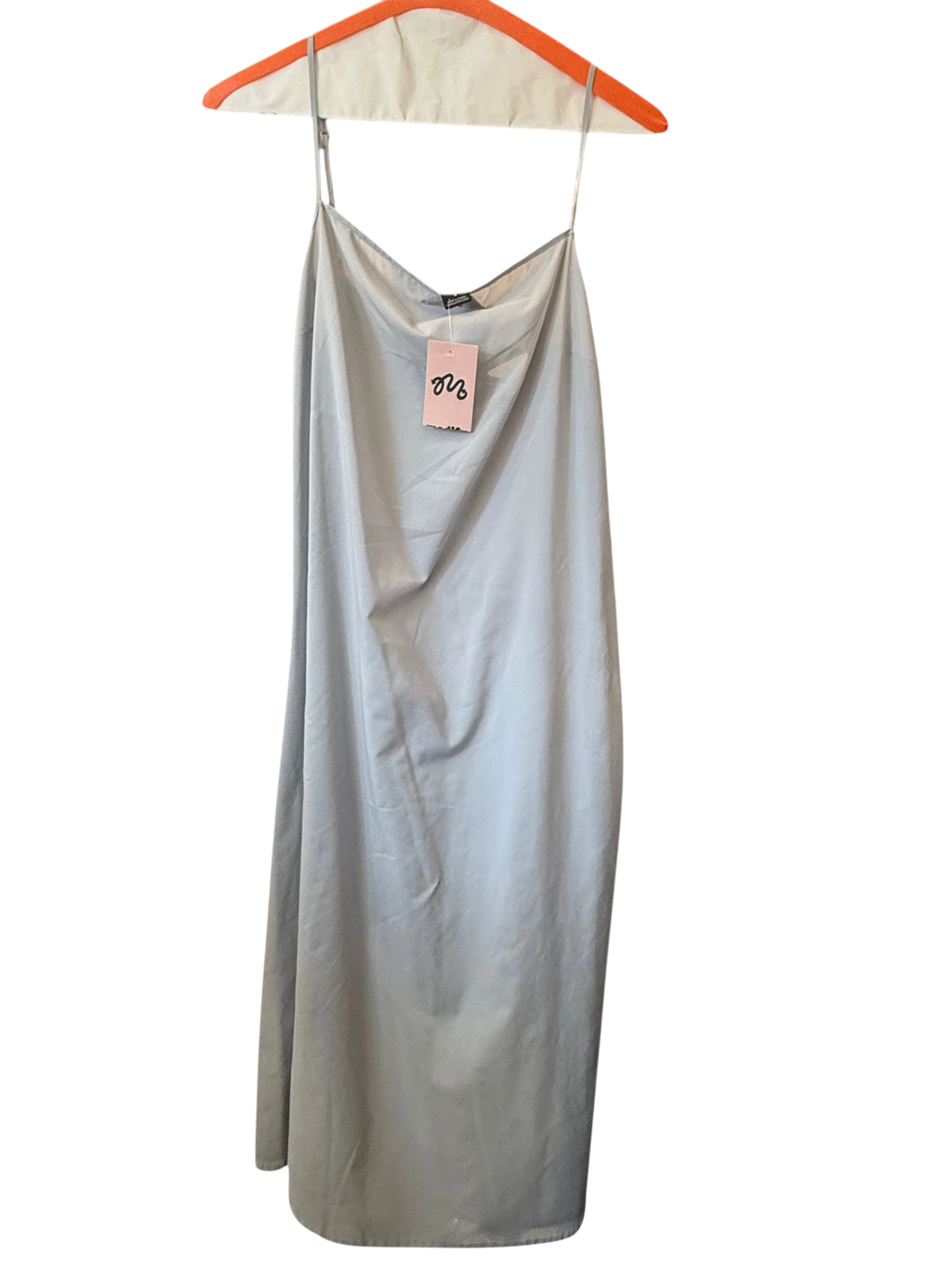 Modify Thrift Club Monaco powder blue sleeveless midi slip dress with a draped cowl neck and slim spaghetti straps.
