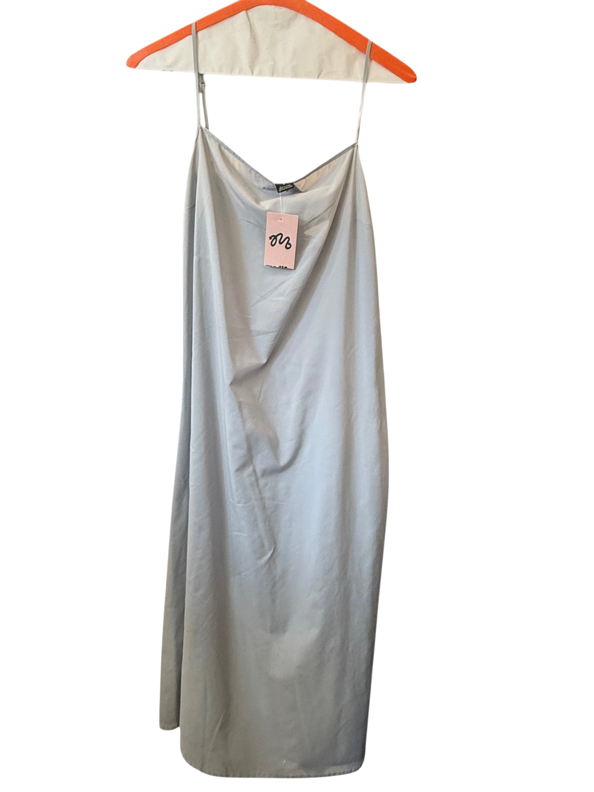 Modify Thrift Club Monaco powder blue sleeveless midi slip dress with a draped cowl neck and slim spaghetti straps.