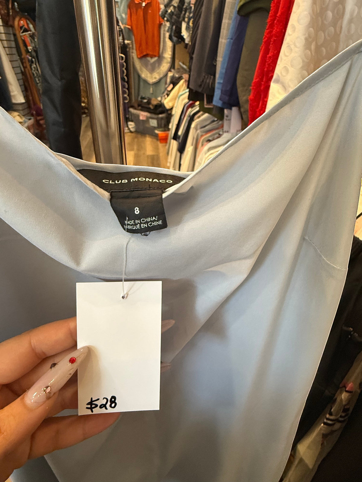 Modify Thrift Club Monaco powder blue sleeveless midi slip dress with a draped cowl neckline and spaghetti straps