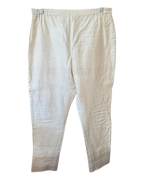 Modify Thrift cream cotton cropped trousers with embroidered cuffs and elasticized waistband hanging on a rack