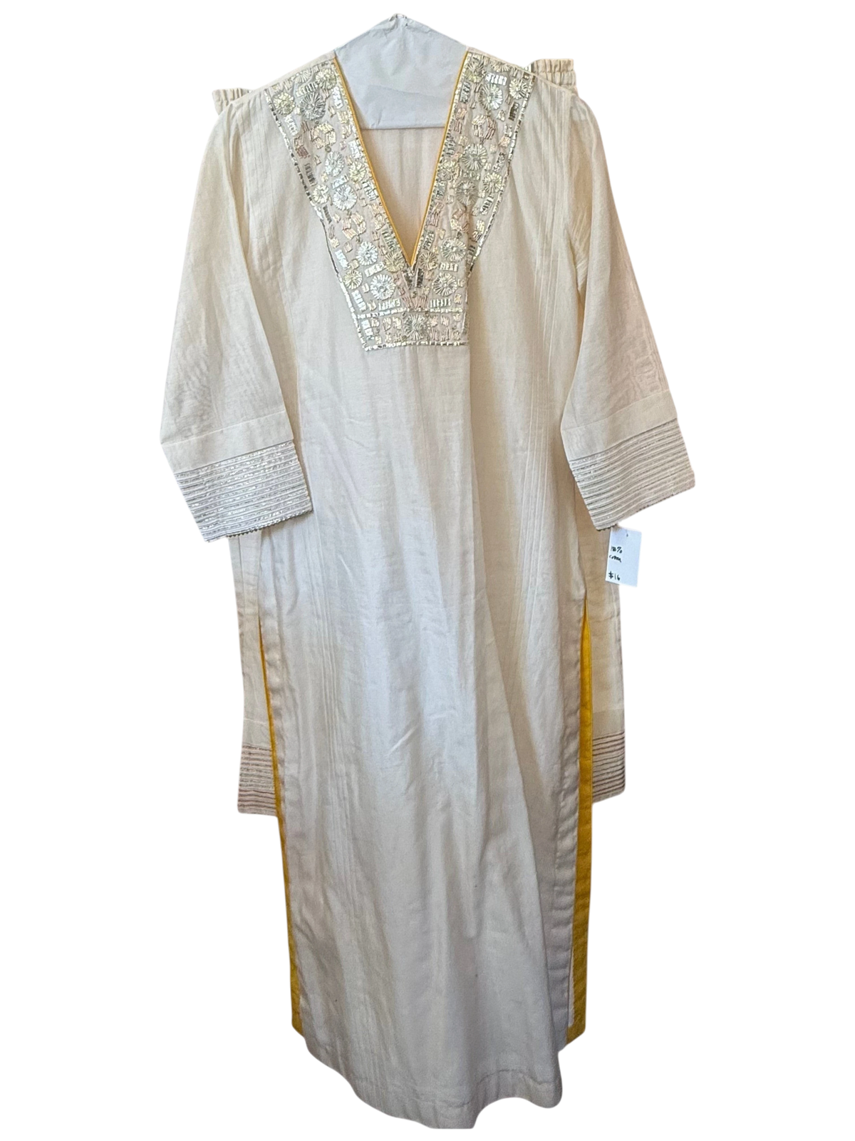 Modify Thrift cream cotton kurta tunic with silver sequin embroidery, V-neck, and golden-yellow side trim details.