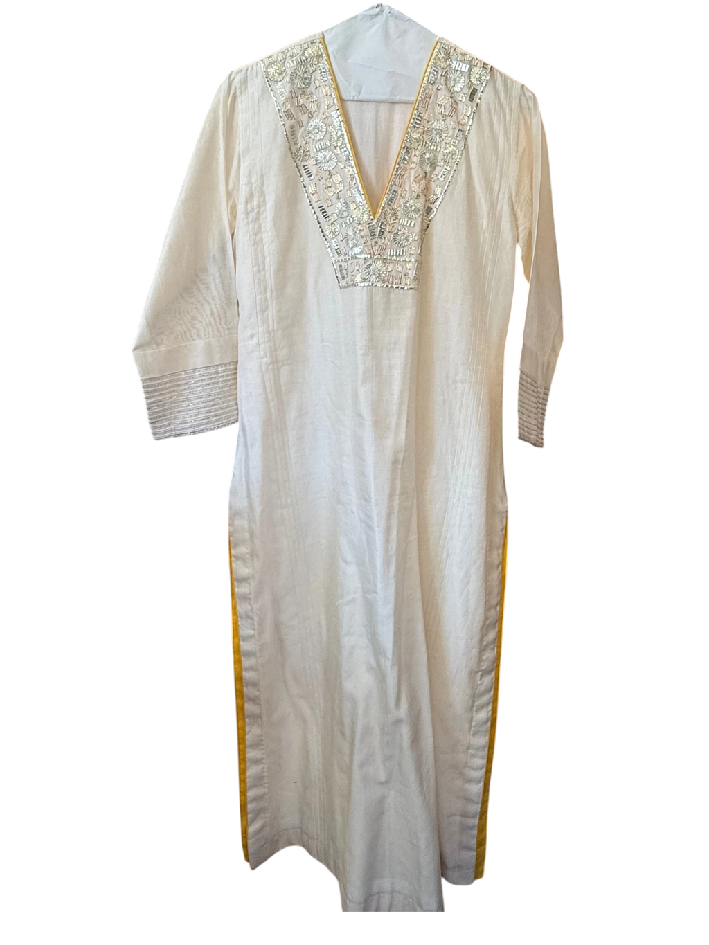 Modify Thrift cream cotton kurta tunic with silver sequin embroidery, V-neck, and golden-yellow side slit trim