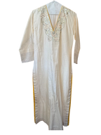 Modify Thrift cream cotton kurta tunic with silver sequin embroidery, V-neck, and golden-yellow side slit trim