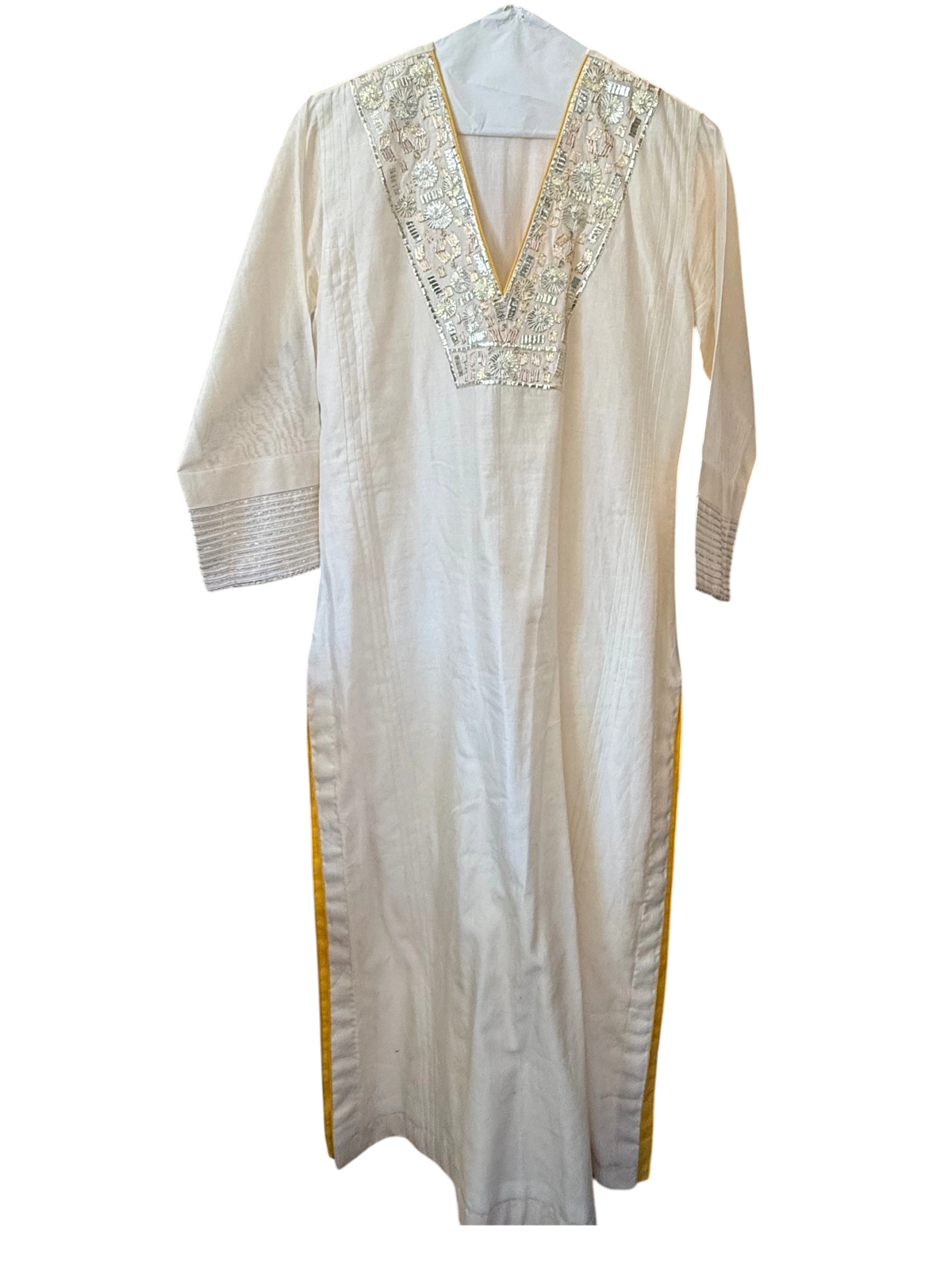 Modify Thrift cream cotton kurta tunic with silver sequin embroidery, V-neck, and golden-yellow side slit trim
