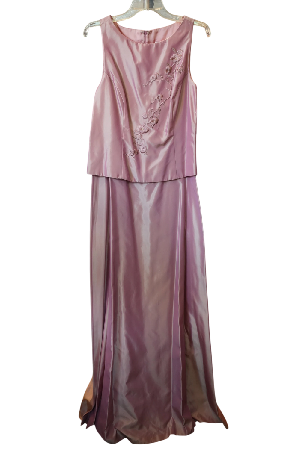 Modify Thrift CRIMSON by Lawrance Kurtz mauve pink taffeta formal maxi gown with floral embroidery and sequin accents.
