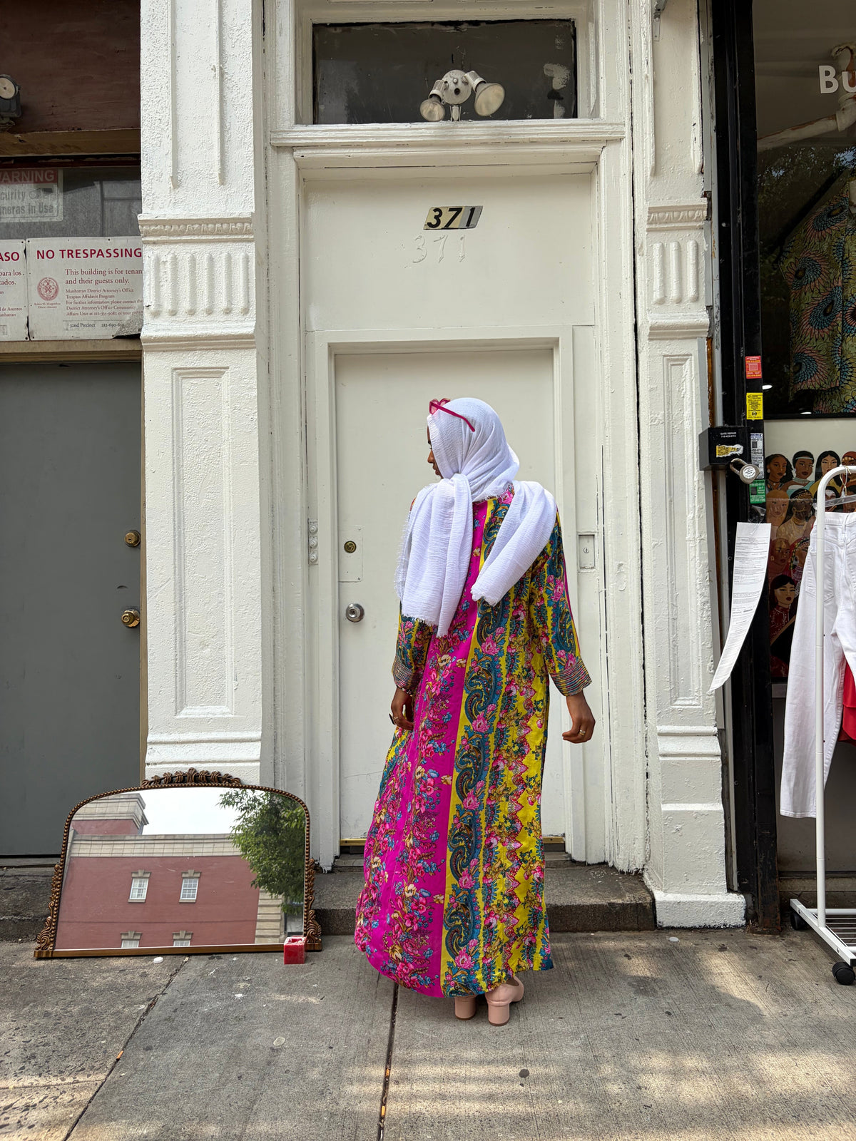 Modify Thrift maxi kaftan dress in vibrant magenta, yellow, and teal paisley floral print with long sleeves