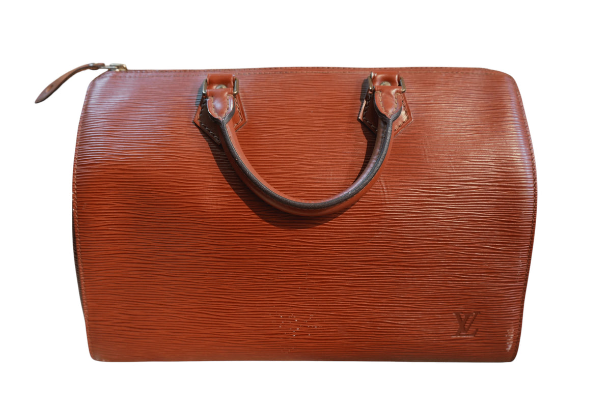 Modify Thrift Louis Vuitton Speedy 30 handbag in Kenyan Brown Epi leather with gold-tone hardware and rolled handles.