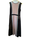 Modify Thrift sleeveless midi dress in sheer dusty rose pink and black silk chiffon with a rounded neckline.
