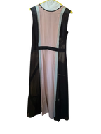 Modify Thrift sleeveless midi dress in sheer dusty rose pink and black silk chiffon with a rounded neckline.