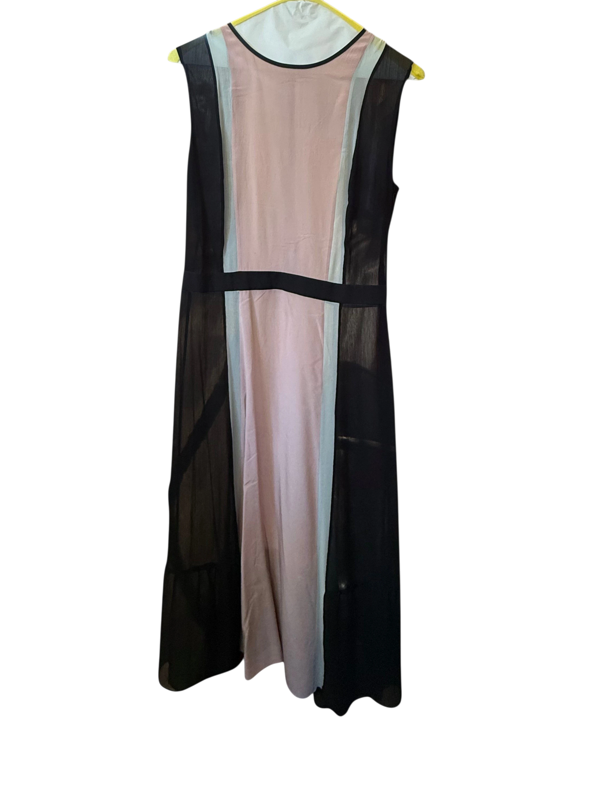 Modify Thrift sleeveless midi dress in sheer dusty rose pink and black silk chiffon with a rounded neckline.