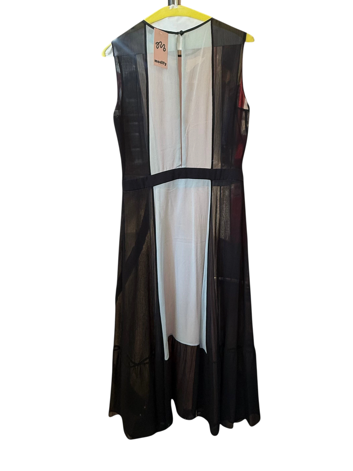 Modify Thrift sleeveless midi dress in sheer black and dusty rose silk chiffon with a modern colorblock design.