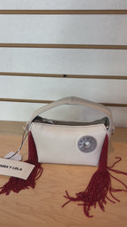 Bimba y Lola White Leather Crossbody Bag with Metallic Red Beaded Fringe