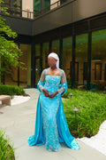 West African Lace Aqua Beaded Evening Gown Set