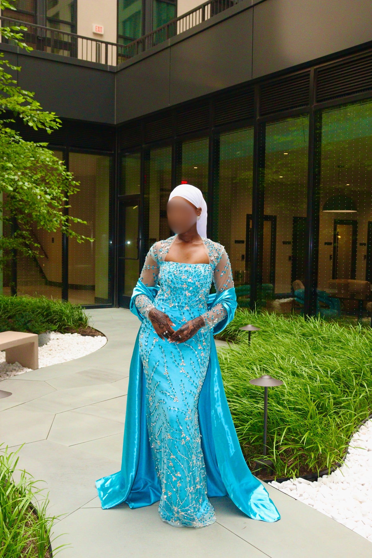 West African Lace Aqua Beaded Evening Gown Set